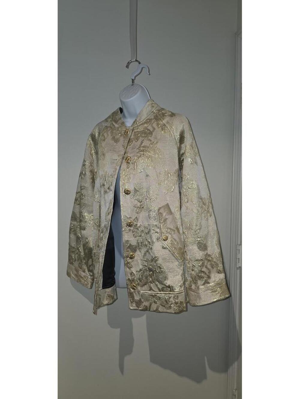 Lutz Huelle Vintage Asian Beige Gold Brocade Jacquard Mandarin Jacket Blazer OS
